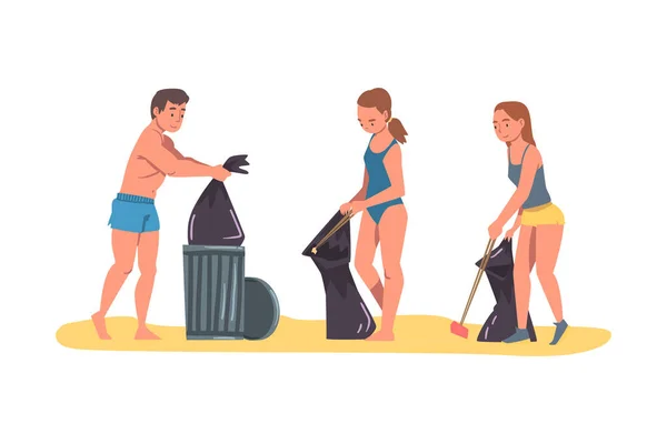 Dobrovolníci sbírání koše na pláži, Muž a ženy čištění pláže z odpadu, ekologie ochrana koncepce Cartoon Vector Illustration — Stockový vektor