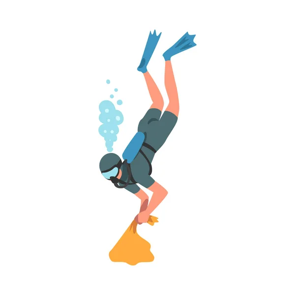 Scuba Diver verzamelen van prullenbak in zak in de oceaan, Ecologie Bescherming Concept, Vrijwilliger opruimen Afvalstoffen Cartoon Vector Illustratie — Stockvector