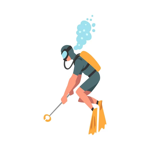 Scuba Diver Collecting Trash in Ocean, Ecology Protection Concept, Volunteer Cleaning Up Wastes Cartoon Vector Illustration — Stock Vector