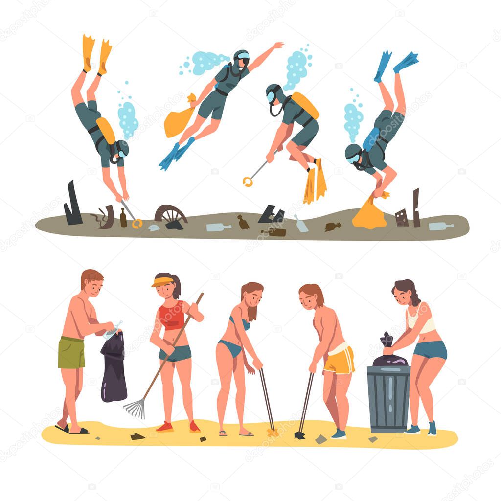 Scuba Diver Collecting Trash in Ocean and Beach Set, Pollution of Sea or Ocean with Garbage, Ecology Protection Concept Cartoon Vector Illustration
