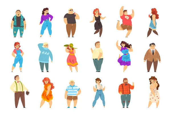 Set of People of Overweight People, Vidám Plus Méret Férfiak és Nők, Test Pozitív Koncepció Rajzfilm Vektor Illusztráció — Stock Vector