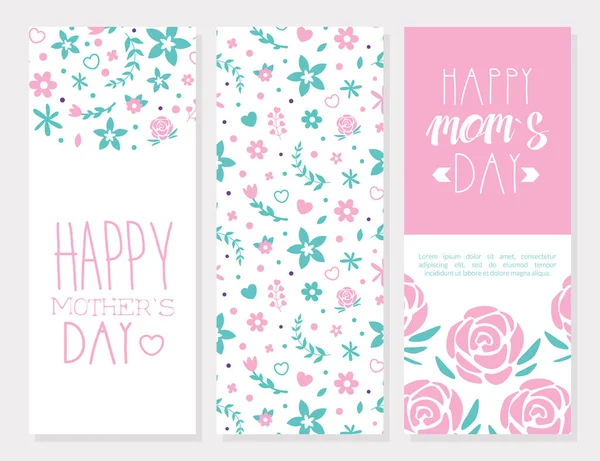 Happy Mothers Day Banner Templates Set, Festive Poster, Card, Flyer Design with Spring Flowers Seamless Pattern Vector Illustration — Stock Vector