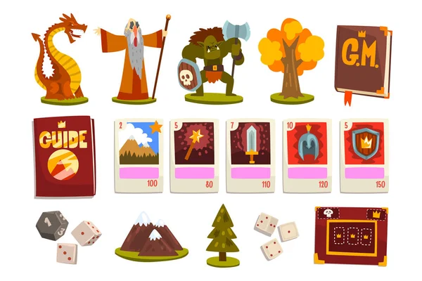 Conjunto de elementos de jogo de tabuleiro mágico de fantasia, figuras de feiticeiro, dragão, monstro e jogar cartas ilustração do vetor dos desenhos animados —  Vetores de Stock