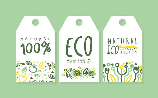 Eco Natural Tags Set, Verde Eco amigável Etiquetas Vector Ilustração — Vetor de Stock
