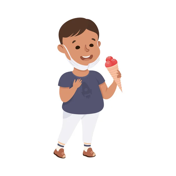 Nieuw Normale Lifestyle met Happy Boy dragen gezichtsmasker Het eten van Ice Cream Vector Illustratie — Stockvector