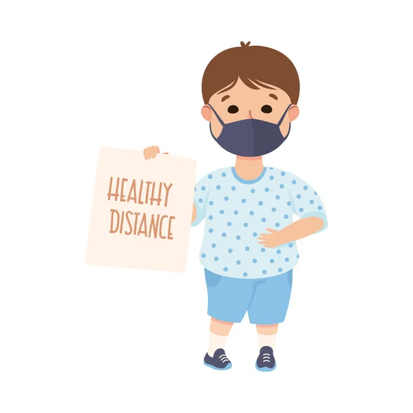 New Normal Lifestyle with Happy Boy Wearing Face Mask Holding Placard with Healthy Distance Appeal Vector Illustration — Stock Vector