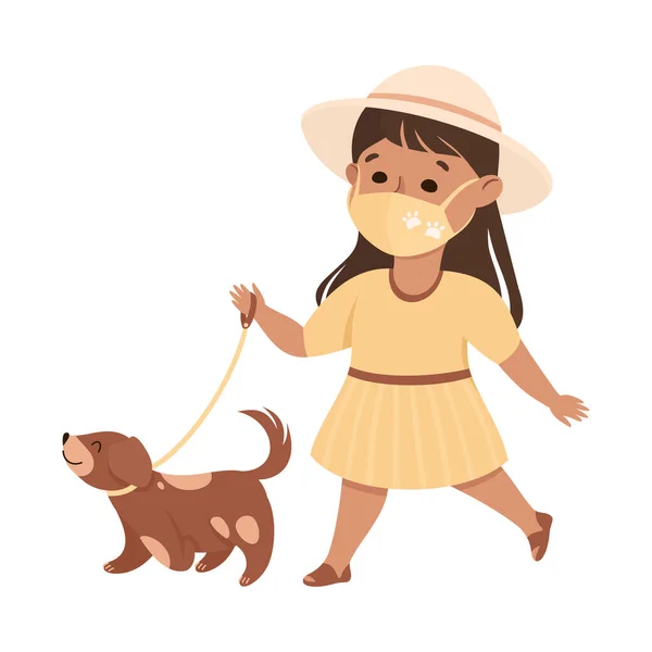 Glad flicka bär ansiktsmask Walking the Dog som ny normal livsstil vektor illustration — Stock vektor