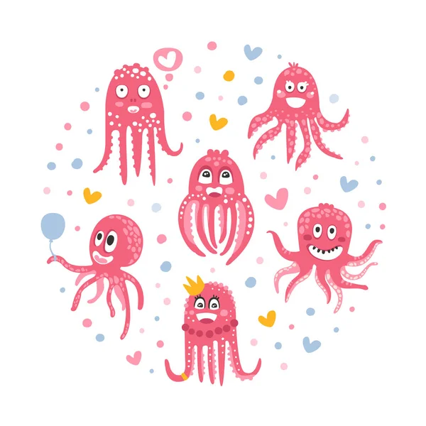 Cute Funny Pink Octopus in Circular Shape, Banner, Poster, Background Template Vector Illustration — Stock Vector