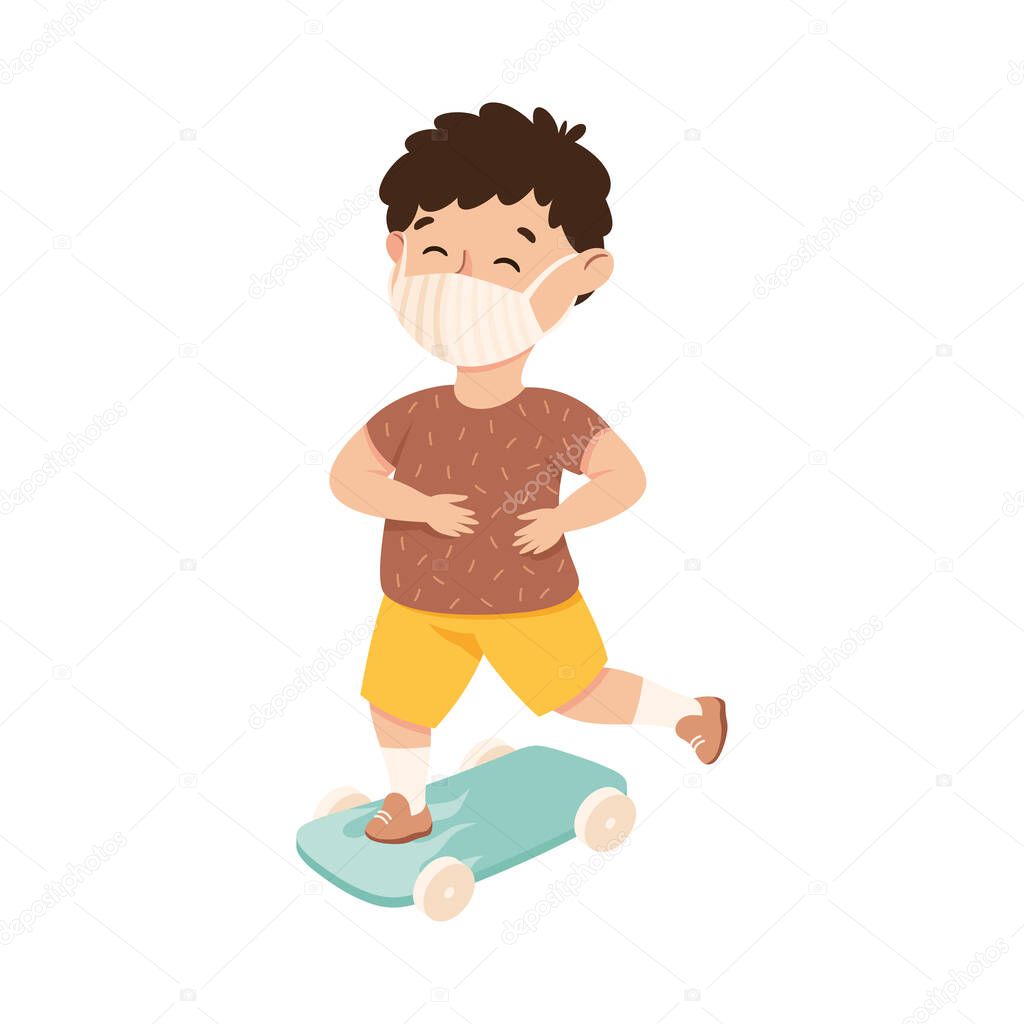 New Normal Lifestyle with Happy Boy Wearing Face Mask Skateboarding Vector Illustration