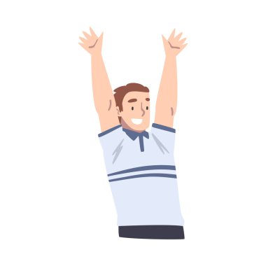 Gülümseyen çocuk ellerini kaldırıyor, neşeli erkek kişi eğleniyor çizgi film temsilcisi illüstrasyonu