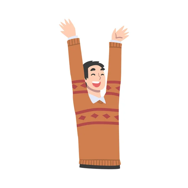 Niño sonriente feliz con levantar las manos, Cuy feliz divertirse o celebrar la victoria ilustración vectorial de dibujos animados — Vector de stock
