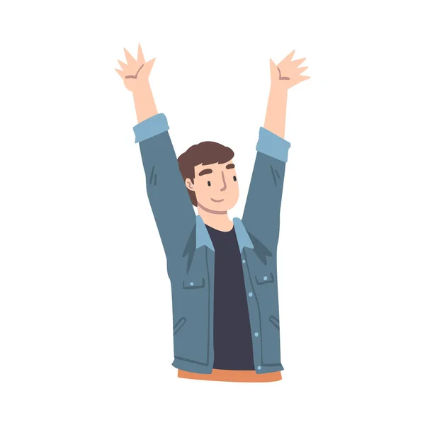 笑顔の男の子が手で立ち上がり、楽しさを持つ幸せな男性や成功を祝う漫画ベクトルイラスト — ストックベクタ