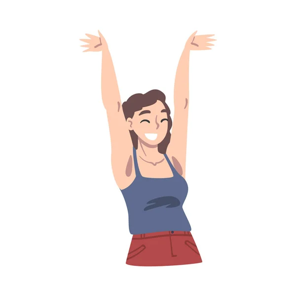 Mujer joven sonriente de pie con sus manos levantadas, chica feliz divirtiéndose o celebrando el éxito Dibujos animados Vector Ilustración — Vector de stock