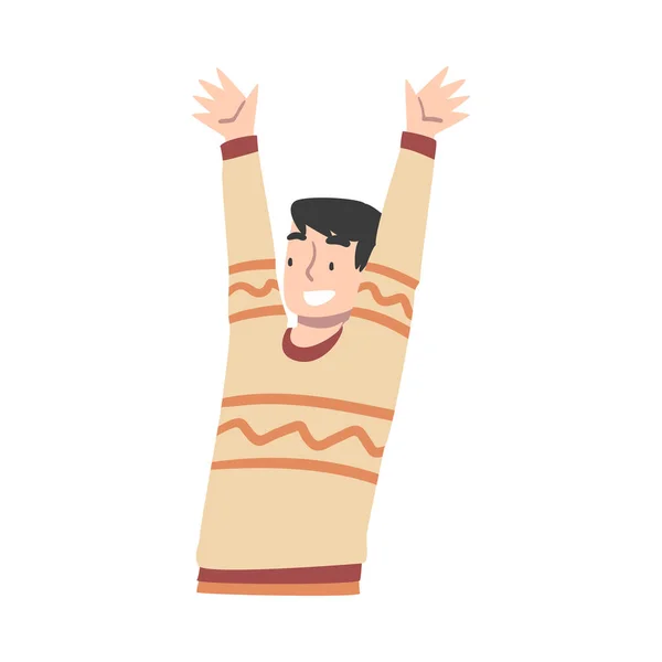 Šťastný muž zvedá ruce, usmívající se chlapec nosí ležérní oblečení baví nebo slaví úspěch karikatura Vektorové ilustrace — Stockový vektor