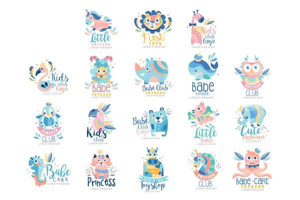 Conjunto de diseño de plantillas de logotipo de tienda de juguetes de club de bebé, etiquetas coloridas de club de niños con lindos animales de bebé Vector Illustration — Vector de stock