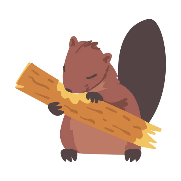 Cute Brown Beaver Gnawing Log, Gryzonie dzikich ssaków Wektor kreskówki ilustracji — Wektor stockowy