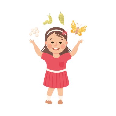 Biyoloji dersi alan sevimli kız, ilkokul öğrencisi böcekleri öğreniyor, çocuk eğitimi konsepti çizgi film temsilcisi illüstrasyonu.