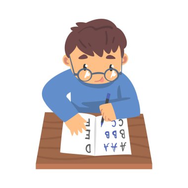 Sevimli Çocuk Yazmayı Öğreniyor, İlkokul öğrencisi Not Defterine İngilizce Harfler Yazıyor Çizgi Roman Vektör İllüzyonu