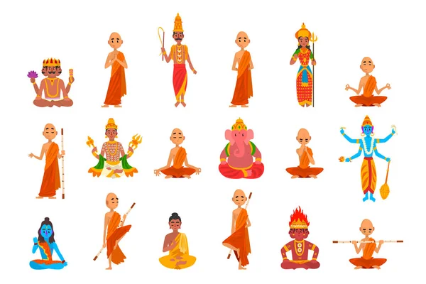 Ensemble de Moines Bouddhistes en Robes Orange Assis en Méditation Illustration vectorielle — Image vectorielle