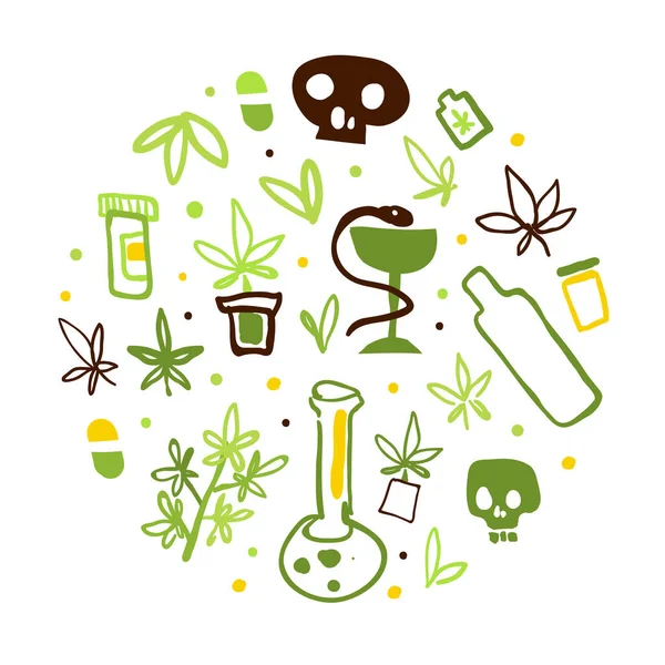 Medizinisches Cannabis-Banner mit Hanfprodukten in kreisförmiger Form nahtlose Muster-Vektorillustration — Stockvektor