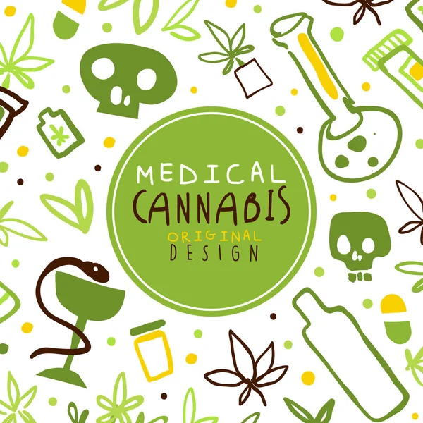 Medizinisches Cannabis-Banner, Plakatvorlage mit Hanfprodukten, grüne Ganja nahtlose Mustervektorillustration — Stockvektor
