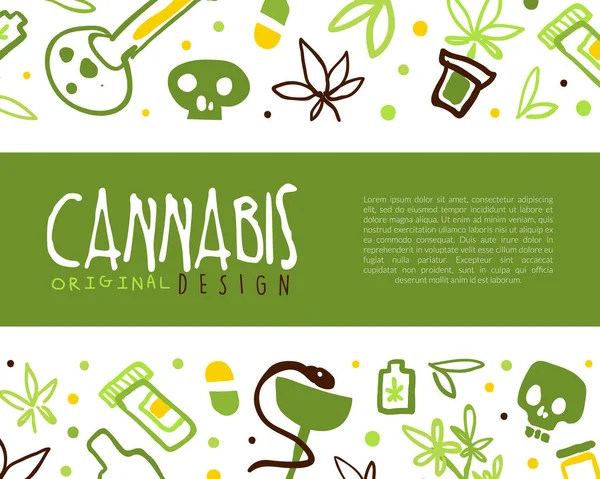Medizinisches Cannabis Banner, Plakatvorlage mit Hanfprodukten Nahtloses Muster und Textvektorillustration — Stockvektor