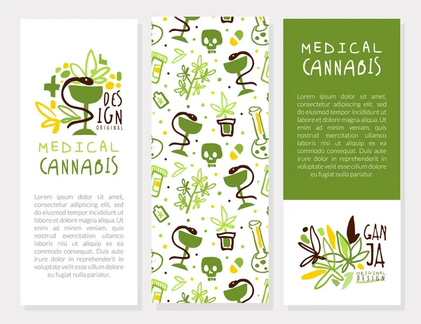 Vorlagen-Set für medizinische Cannabis-Banner, Hanfprodukte Nahtloses Muster und Platz für Text, Flyer, Karte, Broschüre Vorlagen-Design-Vektorillustration — Stockvektor