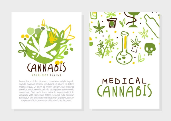 Vorlagen-Set für medizinische Cannabiskarten, natürliche Hanfprodukte, Green Ganja Tag, Karte, Broschüre Template Vector Illustration — Stockvektor