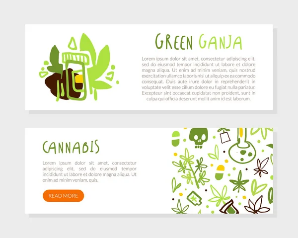Medizinisches Cannabis Landing Page Template, Hanfprodukte, Green Ganja Web Banner. Flyer mit Textvektorillustration — Stockvektor