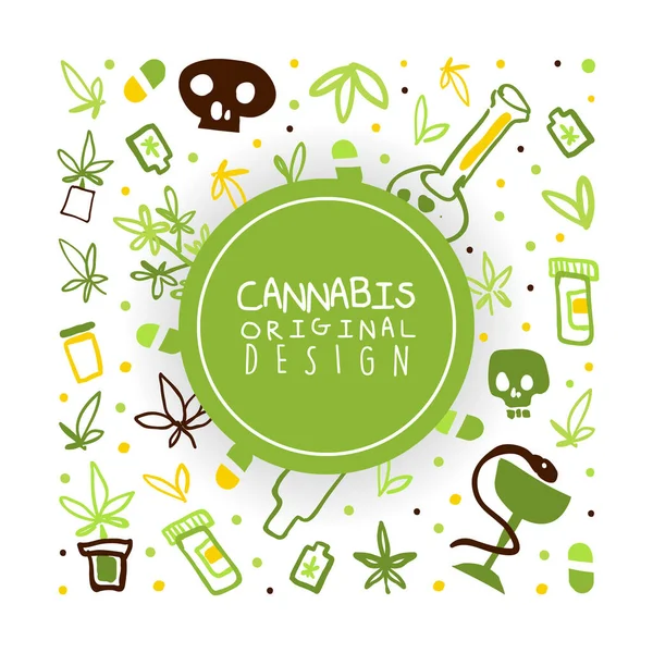 Cannabis-Banner, Plakatvorlage mit Hanfprodukten, grüne Ganja nahtlose Mustervektorillustration — Stockvektor