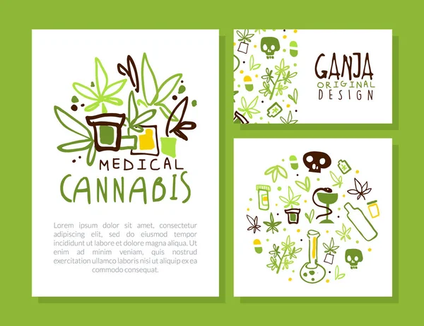 Vorlagen-Set für medizinische Cannabis-Karten, Flyer für Hanfprodukte, Karte, Broschüre Vorlagen-Design-Vektorillustration — Stockvektor