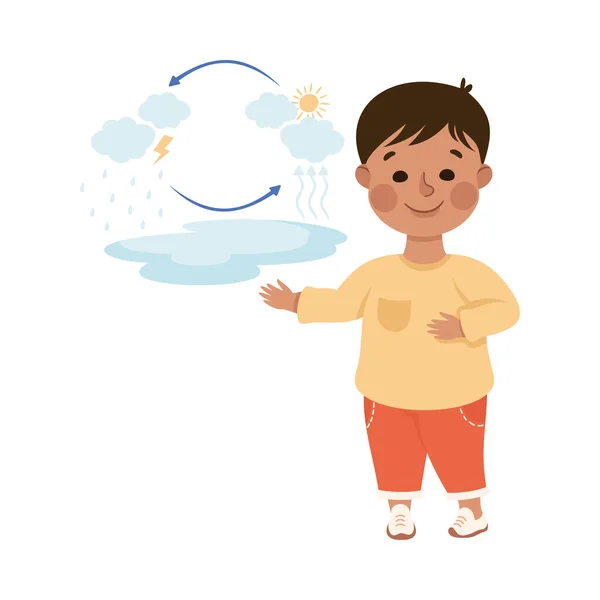 Cute Boy Studiowanie Meteorologii Nauki, Szkoła Podstawowa Student Badania Pogoda, Dzieci Edukacja Concept Cartoon Wektor Ilustracja — Wektor stockowy