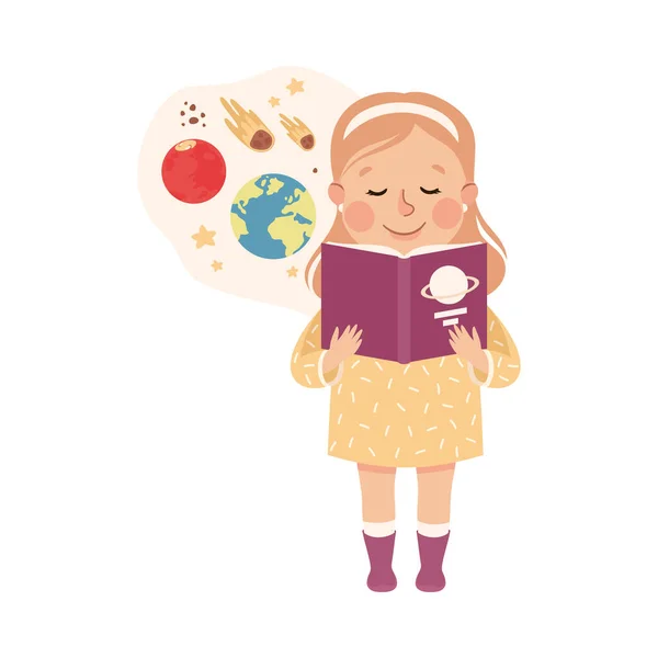 Linda chica teniendo lección de astronomía, estudiante de primaria leyendo libro sobre planetas, concepto de educación para niños ilustración vectorial de dibujos animados — Vector de stock