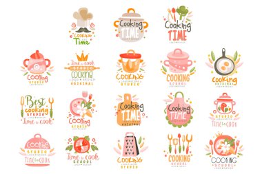 Aşçılık Stüdyosu Logo Şablonları Tasarım Seti, Aşçılık Okulu Renkli Etiketler Vektör İllüstrasyonu
