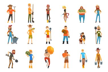 Çiftlik Seti 'nde Çalışan Erkek Çiftçi Karakterleri, Neşeli Tarım Çalışanları Toplama, Sulama Tesisleri, Çiftlik Sebzeleri Bakımı Çizgi Filmleri