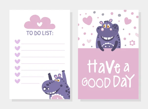 To Do List Template Decorated with Adorable Funny Hippopotamus Characters Vector Illustration — Stock Vector