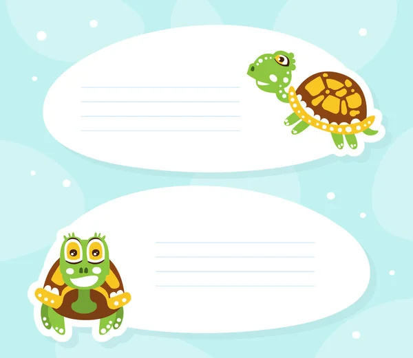 Lined Card with Happy Green Turtle with Shell Vector Illustration — Stock Vector