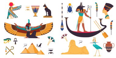 Mısır Sembolleri ve Öznitelikleri Kanatlı Isis Tanrıçası, Piramit ve Androsphinx Vektör Kümesi