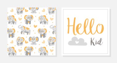 Trunk ve Tusks Vektör Şablonlu Şirin Gri Fil Karakteriyle Bebek Duş Kartı