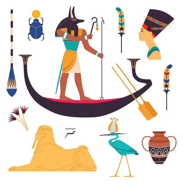 Egypt Symbols and Attributes with Nefertiti Bust, Anubis on Boat and Androsphinx Vector Set — Stock Vector
