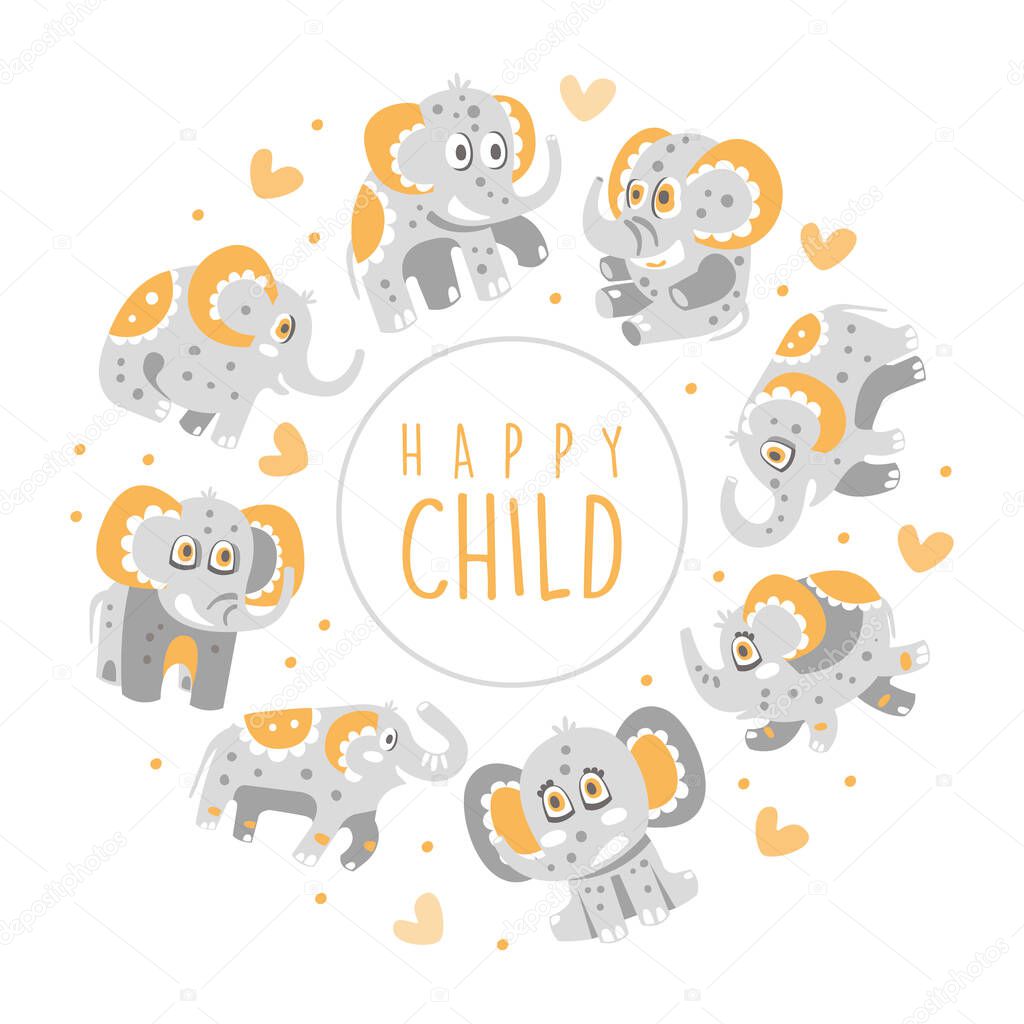 Cute Elephant Character with Trunk and Tusks Arranged in Circle Vector Template
