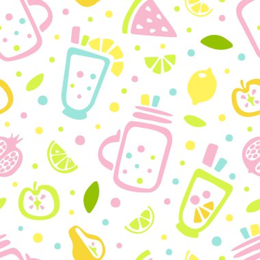 Taze Meyve Suyu ve Tropikal Meyveler Kusursuz Şablon, Tazelenen Yaz İçkileri Arkaplanı, Duvar Kağıdı, Tekstil, Paketleme Tasarım Vektörü İllüstrasyonu