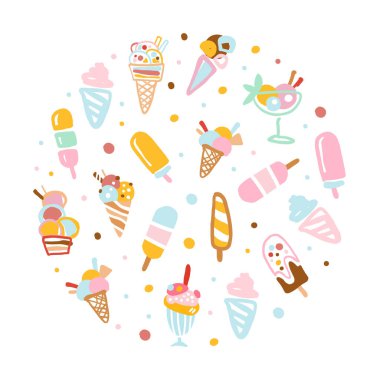 Tatlı Lezzetli Tatlılar Dairesel Şekilde, Dondurma Afişi, Poster, Arkaplan Şablonu Çizimi