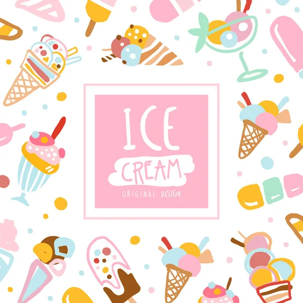 Modelo de bandeira de sorvete, cartão, design de pôster com doces saborosos sobremesas sem costura padrão Vector Ilustração —  Vetores de Stock