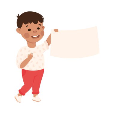 Küçük Çocuk Boş Dikdörtgen Plaket Vektörü Resmini Durduruyor ve Tutuyor