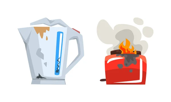 Poškozené domácí spotřebiče Set, rozbitá konvice a hořící točité karikatury Vektorové ilustrace — Stockový vektor