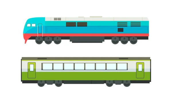 Conjunto de vehículos suburbanos para pasajeros ferroviarios, Vista lateral del transporte ferroviario Ilustración de vectores planos — Vector de stock