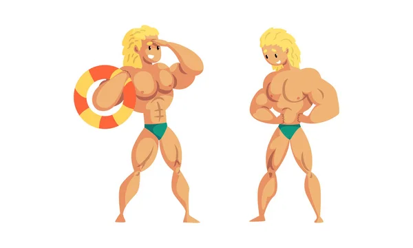 Salvavidas Muscular Young Man Beach, personaje rescatador profesional en traje de baño Set Dibujos animados Vector Ilustración — Vector de stock