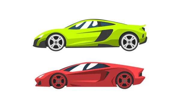 Set van Fast Motor Racing Auto 's, Zijaanzicht van kleurrijke Racing Bolids Flat Vector Illustratie — Stockvector