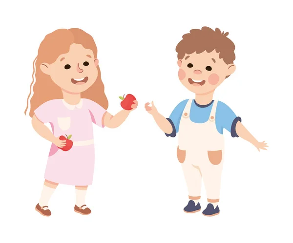 Snäll och skön liten flicka som delar äpple med sin Agemate vektor Illustration — Stock vektor